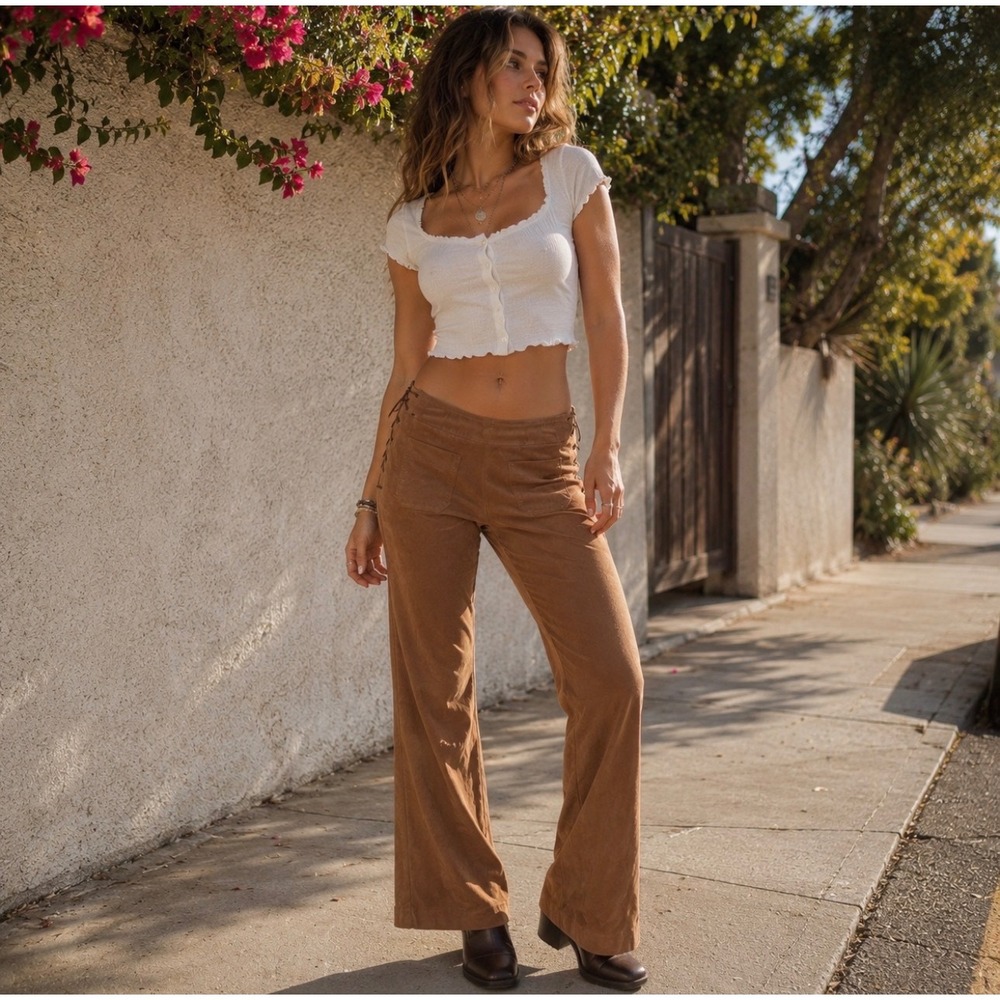 Studio Y Lace Up Side Pants Brown Wide Leg Stretch Boho Y2K Women's Size 3/4